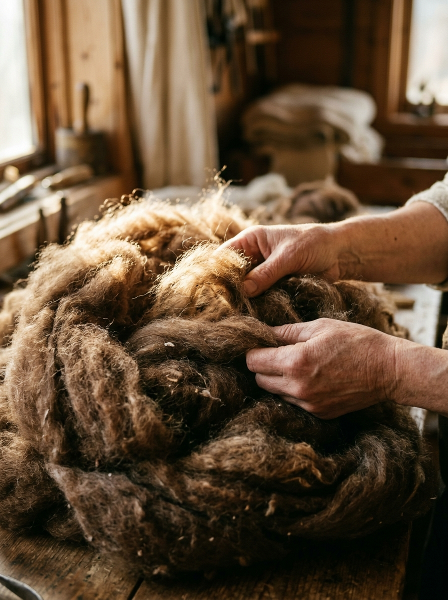 Hands working raw fleece in a sunlit workshop